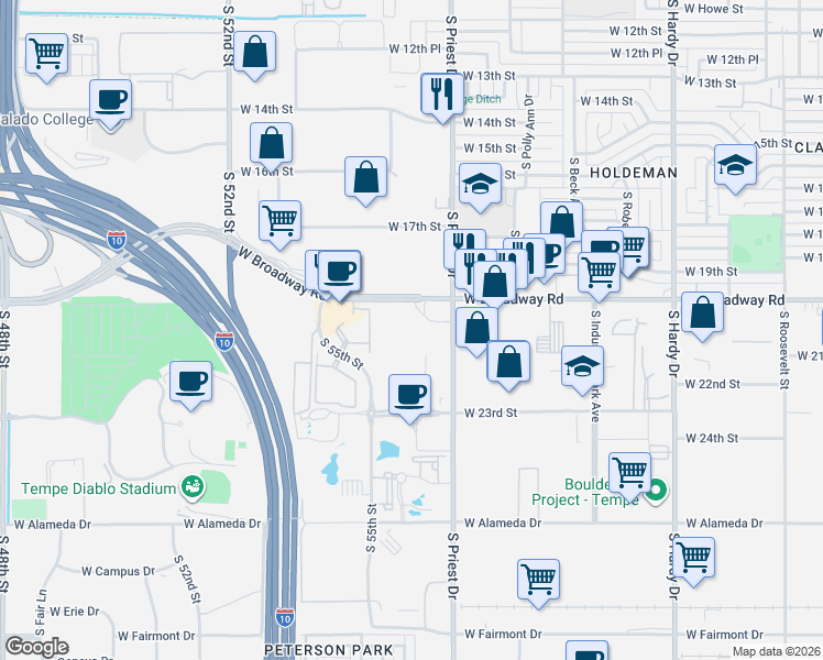 map of restaurants, bars, coffee shops, grocery stores, and more near 2100 South Priest Drive in Tempe