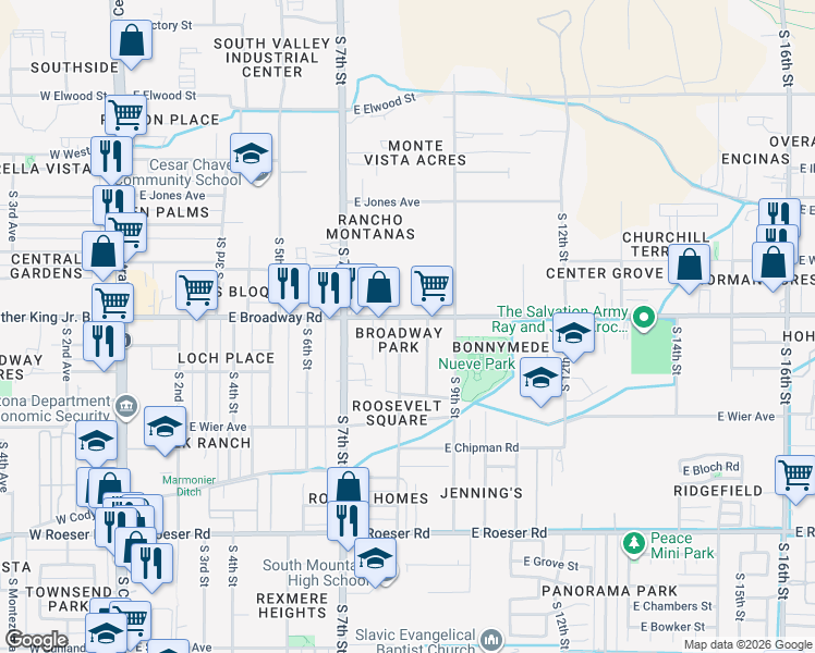 map of restaurants, bars, coffee shops, grocery stores, and more near 4403 South 8th Street in Phoenix