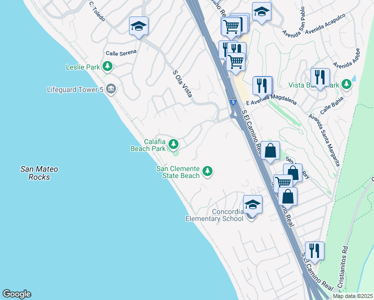 map of restaurants, bars, coffee shops, grocery stores, and more near 233 Avenida Lobeiro in San Clemente