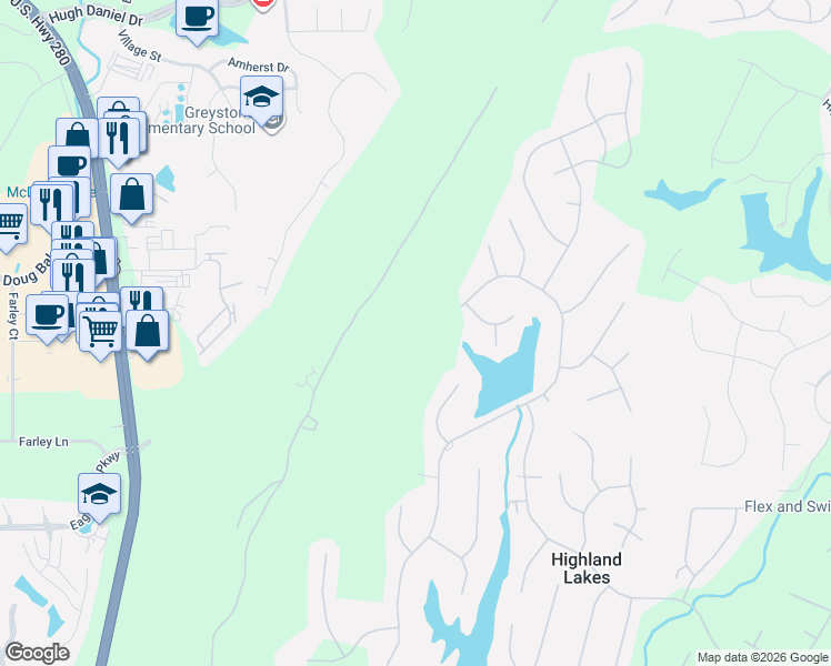 map of restaurants, bars, coffee shops, grocery stores, and more near 1544 Highland Lakes Trail in Birmingham