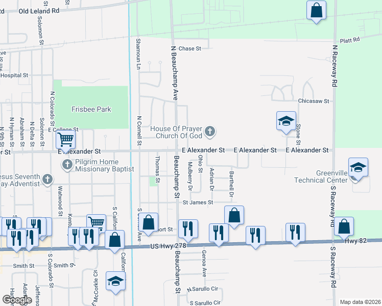 map of restaurants, bars, coffee shops, grocery stores, and more near 2411 East Alexander Street in Greenville