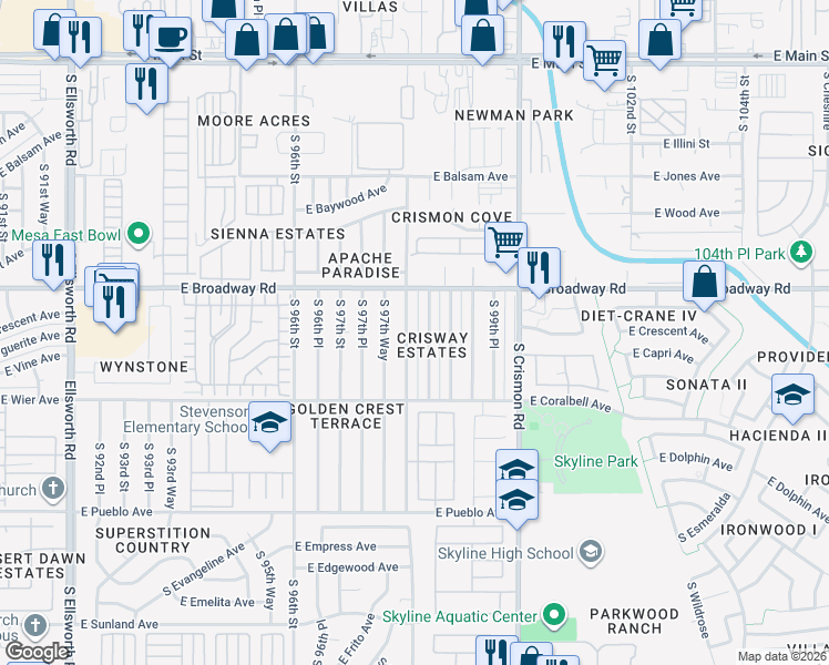 map of restaurants, bars, coffee shops, grocery stores, and more near 443 South 98th Street in Mesa