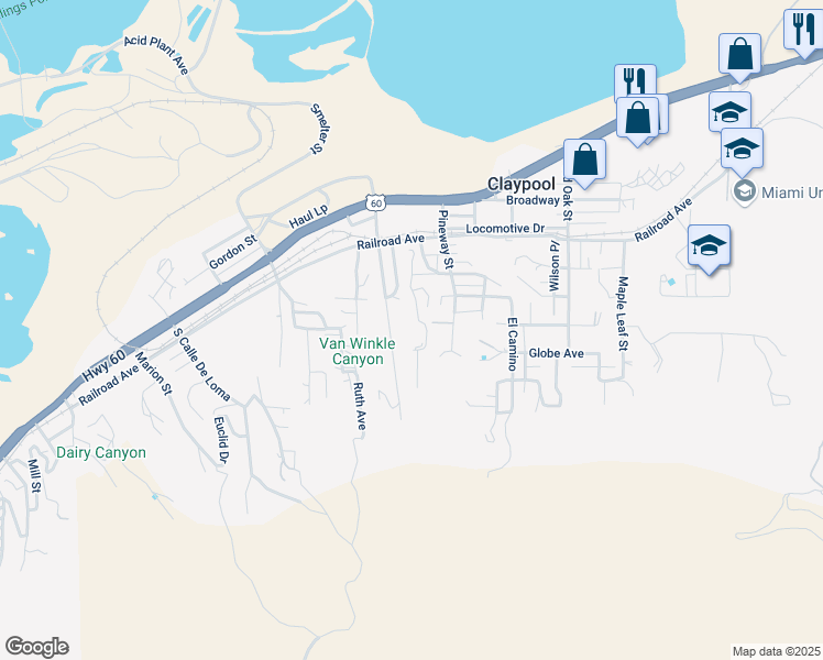 map of restaurants, bars, coffee shops, grocery stores, and more near 5888 Long Street in Claypool