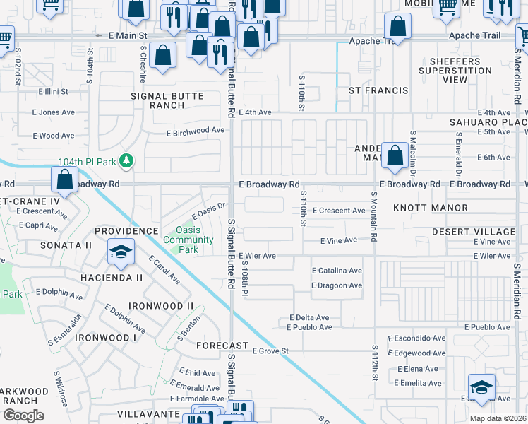map of restaurants, bars, coffee shops, grocery stores, and more near 10910 East Crescent Avenue in Mesa