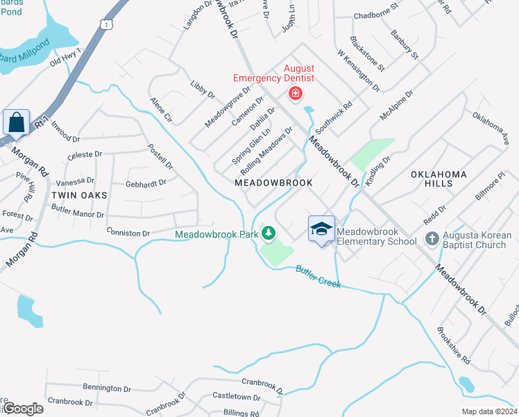 map of restaurants, bars, coffee shops, grocery stores, and more near 3632 Larkspur Drive in Augusta