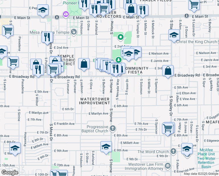 map of restaurants, bars, coffee shops, grocery stores, and more near 452 South Horne in Mesa