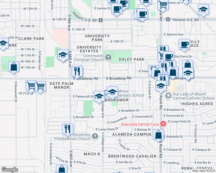 map of restaurants, bars, coffee shops, grocery stores, and more near 2025 South College Avenue in Tempe
