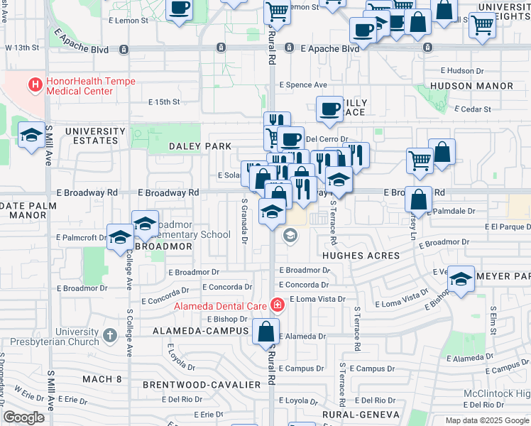 map of restaurants, bars, coffee shops, grocery stores, and more near 2020 South Rural Road in Tempe