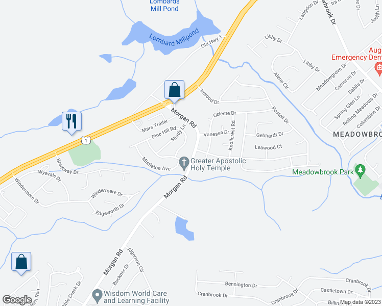 map of restaurants, bars, coffee shops, grocery stores, and more near 3433 Morgan Road in Hephzibah