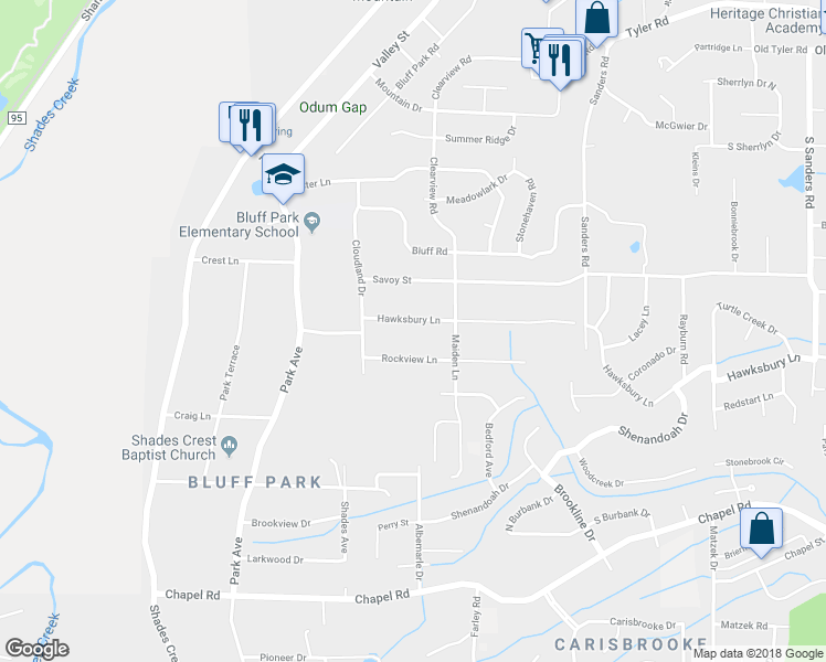 map of restaurants, bars, coffee shops, grocery stores, and more near 2220 Hawksbury Lane in Birmingham