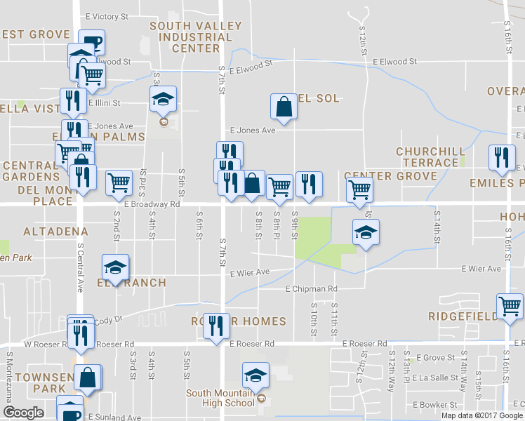 map of restaurants, bars, coffee shops, grocery stores, and more near 4403 South 8th Street in Phoenix