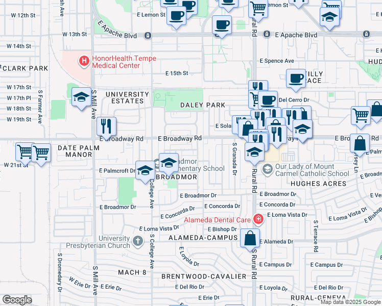 map of restaurants, bars, coffee shops, grocery stores, and more near 337 East El Parque Drive in Tempe