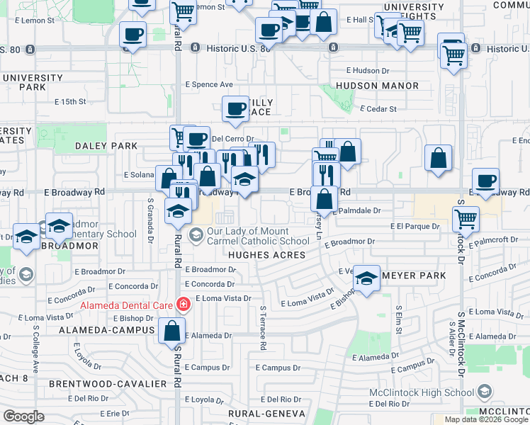map of restaurants, bars, coffee shops, grocery stores, and more near 1221 East Broadway Road in Tempe