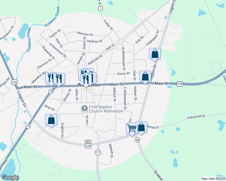 map of restaurants, bars, coffee shops, grocery stores, and more near 48 Wilhoit Street in Warrenton