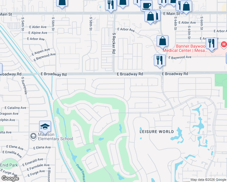 map of restaurants, bars, coffee shops, grocery stores, and more near 1919 Leisure World in Mesa