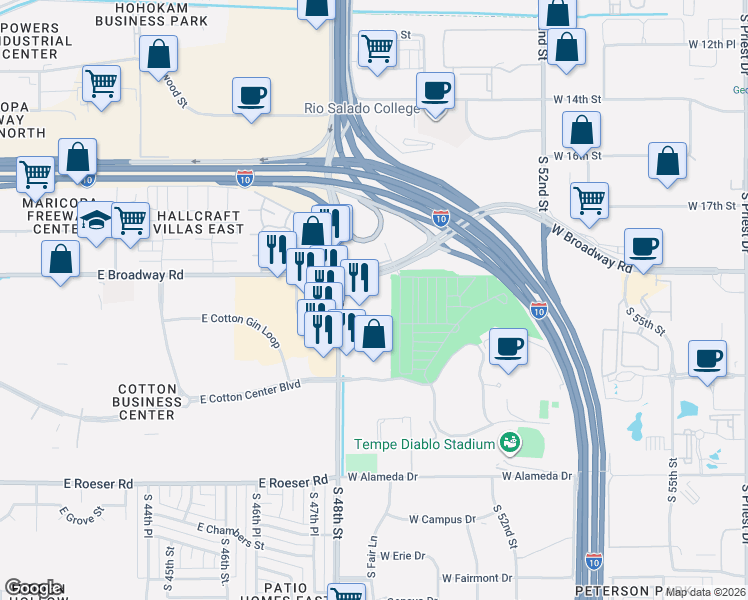 map of restaurants, bars, coffee shops, grocery stores, and more near 2601 West Broadway Road in Tempe