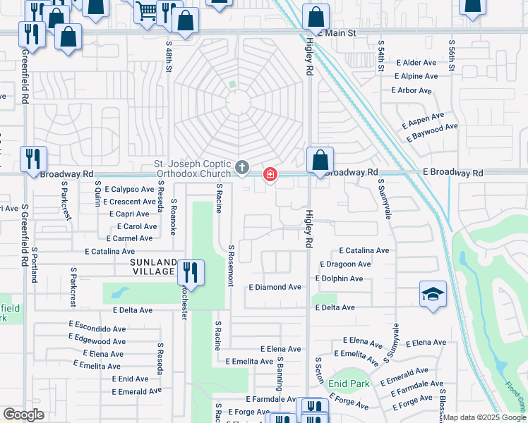 map of restaurants, bars, coffee shops, grocery stores, and more near 542 South Higley Road in Mesa