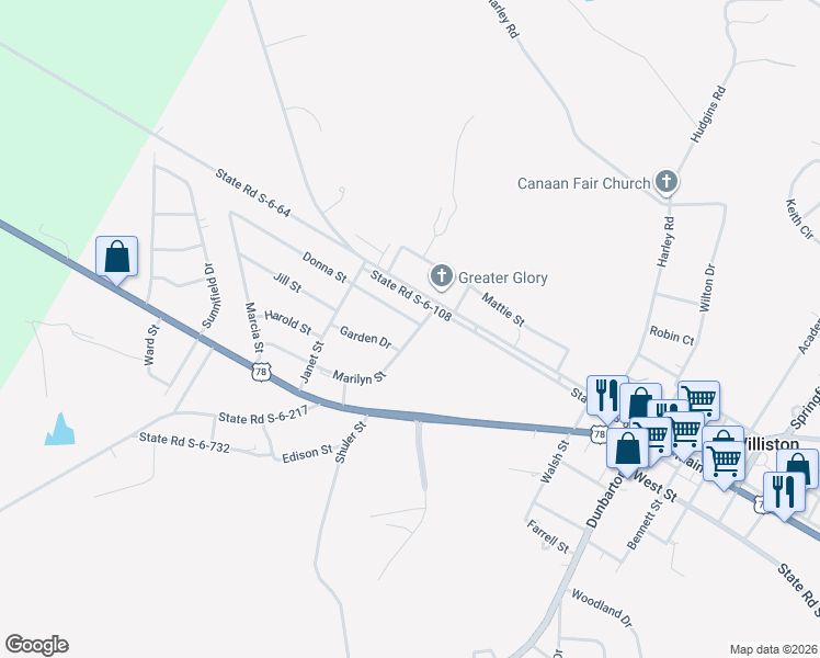 map of restaurants, bars, coffee shops, grocery stores, and more near 45 Marilyn Street in Williston