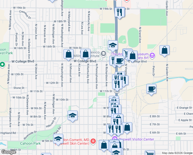 map of restaurants, bars, coffee shops, grocery stores, and more near 1210 North Pennsylvania Avenue in Roswell