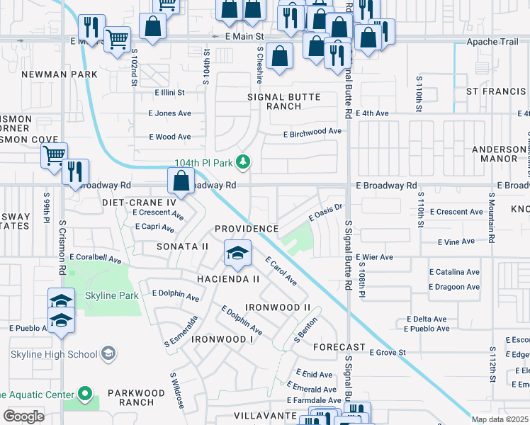 map of restaurants, bars, coffee shops, grocery stores, and more near 440 S Sabrina in Mesa