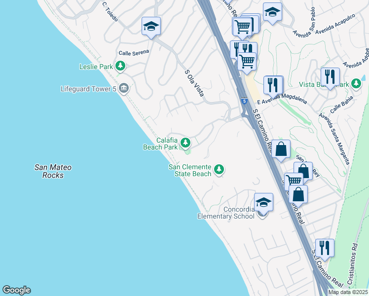 map of restaurants, bars, coffee shops, grocery stores, and more near Avenida Lobeiro in San Clemente