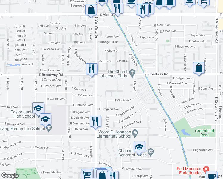 map of restaurants, bars, coffee shops, grocery stores, and more near 3755 East Broadway Road in Mesa