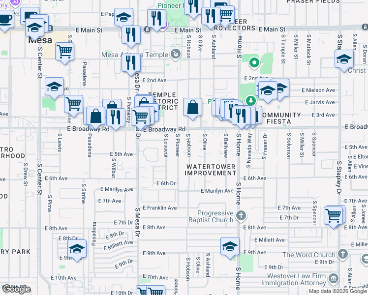 map of restaurants, bars, coffee shops, grocery stores, and more near 452 South Hobson in Mesa