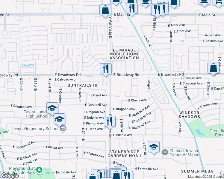 map of restaurants, bars, coffee shops, grocery stores, and more near 505 South Val Vista Drive in Mesa