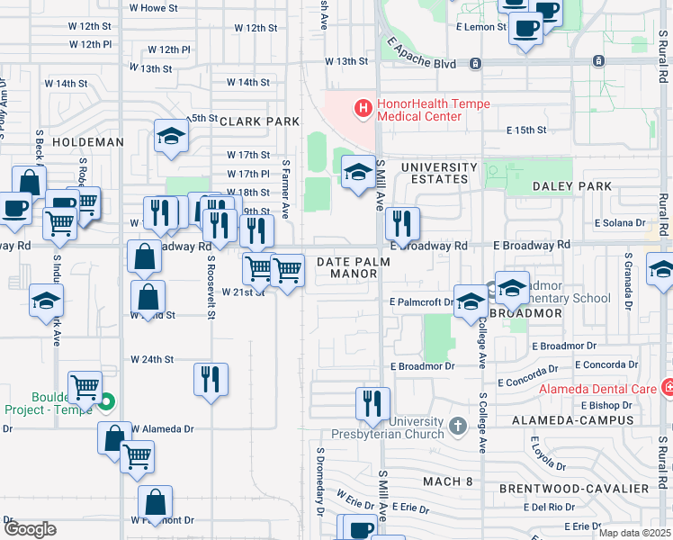 map of restaurants, bars, coffee shops, grocery stores, and more near 111 West Palmdale Drive in Tempe
