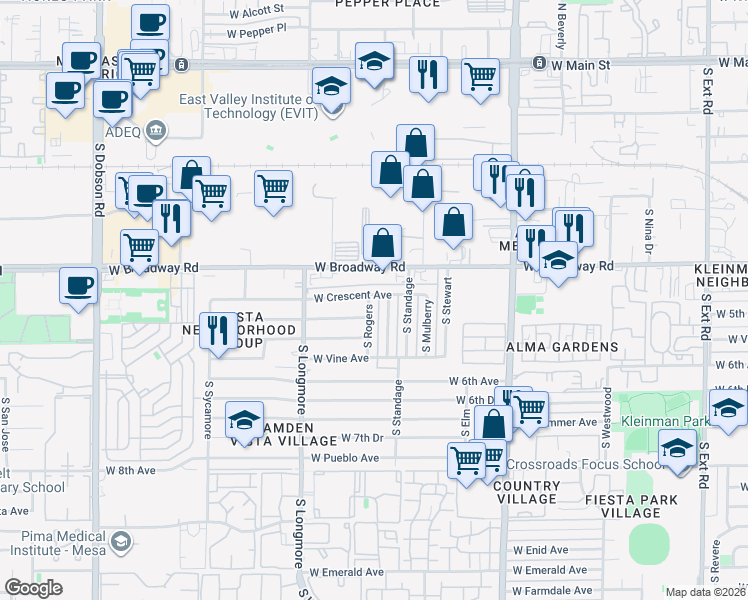 map of restaurants, bars, coffee shops, grocery stores, and more near 441 South Rogers in Mesa