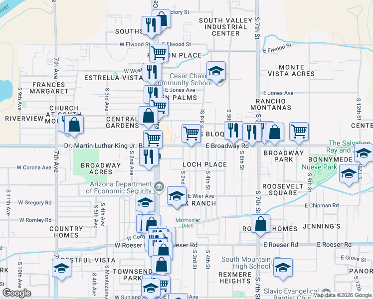 map of restaurants, bars, coffee shops, grocery stores, and more near 201 East Broadway Road in Phoenix