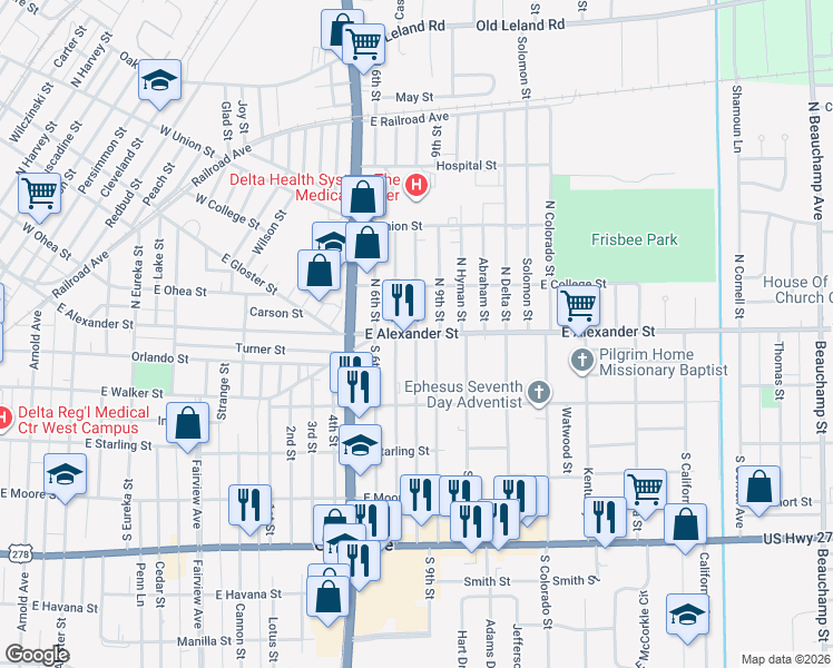 map of restaurants, bars, coffee shops, grocery stores, and more near 1400 East Alexander Street in Greenville
