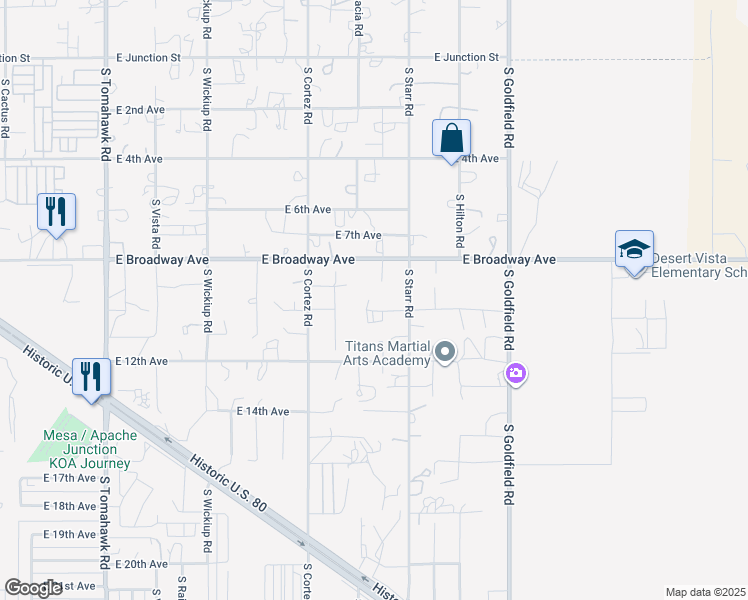 map of restaurants, bars, coffee shops, grocery stores, and more near 2636 East 10th Avenue in Apache Junction