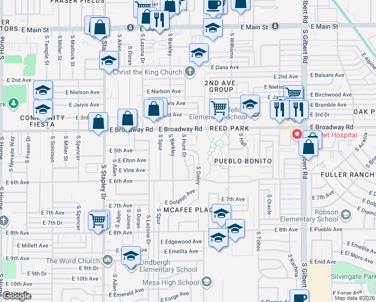 map of restaurants, bars, coffee shops, grocery stores, and more near 456 South Daley Drive in Mesa