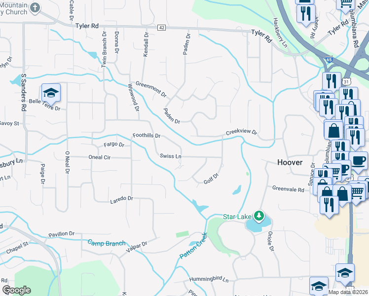 map of restaurants, bars, coffee shops, grocery stores, and more near 2675 Swiss Lane in Vestavia Hills