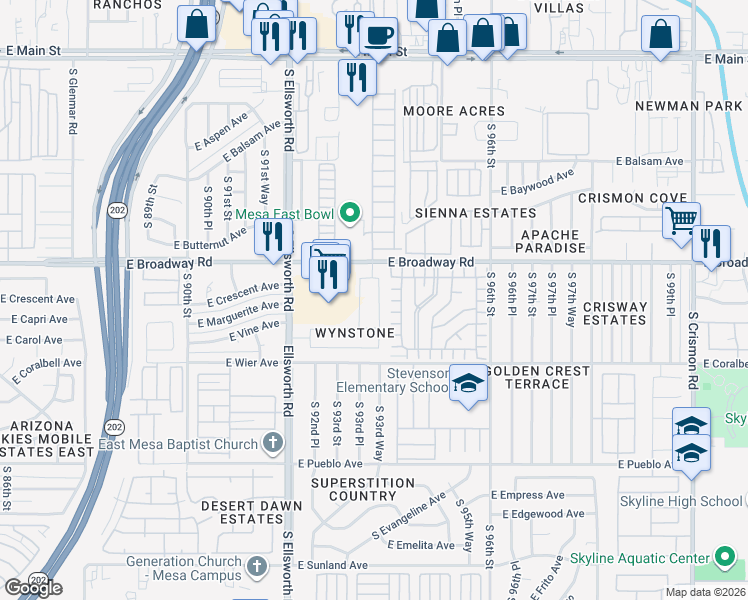 map of restaurants, bars, coffee shops, grocery stores, and more near 446 South 93rd Way in Mesa