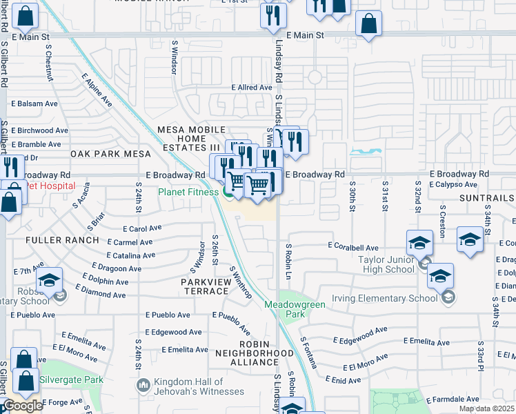 map of restaurants, bars, coffee shops, grocery stores, and more near 2753 East Broadway Road in Mesa