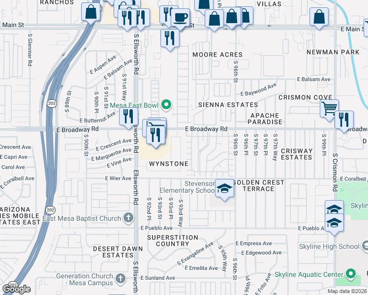 map of restaurants, bars, coffee shops, grocery stores, and more near 445 South 93rd Way in Mesa