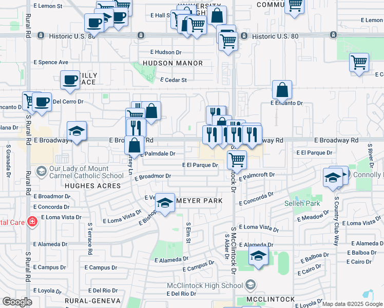 map of restaurants, bars, coffee shops, grocery stores, and more near 2035 South Elm Street in Tempe
