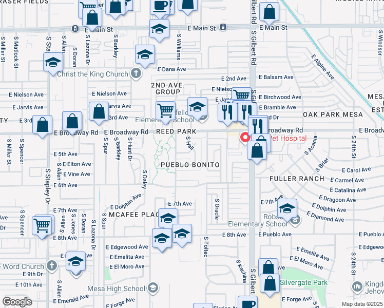map of restaurants, bars, coffee shops, grocery stores, and more near 504 South Hall in Mesa
