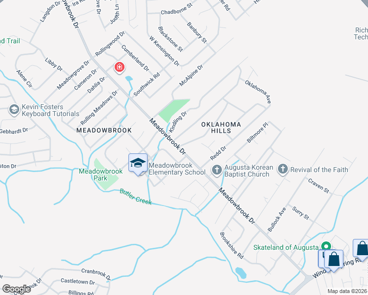 map of restaurants, bars, coffee shops, grocery stores, and more near 2817 Meadowbrook Drive in Augusta