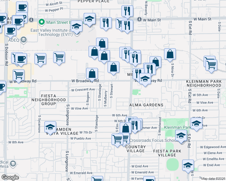 map of restaurants, bars, coffee shops, grocery stores, and more near 441 South Stewart in Mesa