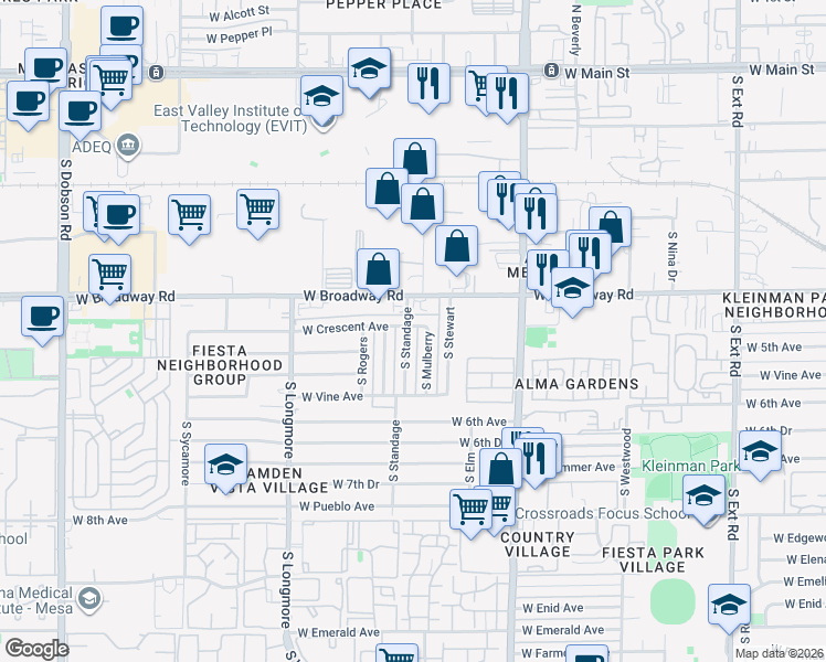map of restaurants, bars, coffee shops, grocery stores, and more near 443 South Standage in Mesa