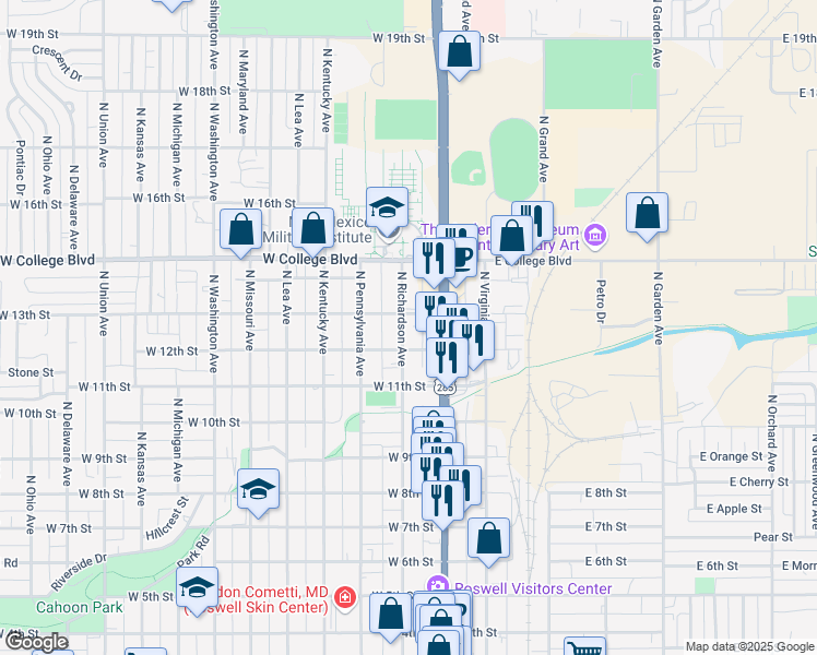 map of restaurants, bars, coffee shops, grocery stores, and more near 1209 North Richardson Avenue in Roswell