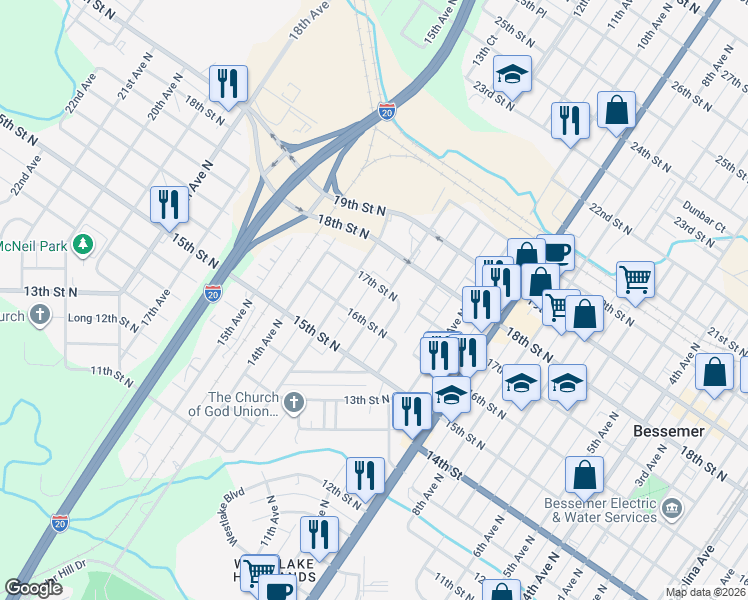 map of restaurants, bars, coffee shops, grocery stores, and more near 1626 12th Avenue North in Bessemer