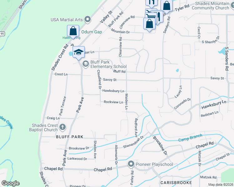 map of restaurants, bars, coffee shops, grocery stores, and more near 2220 Hawksbury Lane in Birmingham