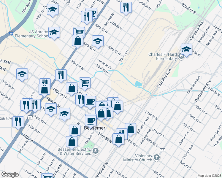 map of restaurants, bars, coffee shops, grocery stores, and more near 2118 4th Avenue North in Bessemer