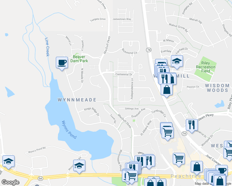 map of restaurants, bars, coffee shops, grocery stores, and more near 218 Independence Lane in Peachtree City