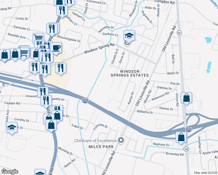 map of restaurants, bars, coffee shops, grocery stores, and more near 3243 Kevin Drive in Augusta