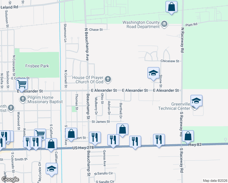 map of restaurants, bars, coffee shops, grocery stores, and more near 2557-2663 East Alexander Street in Greenville